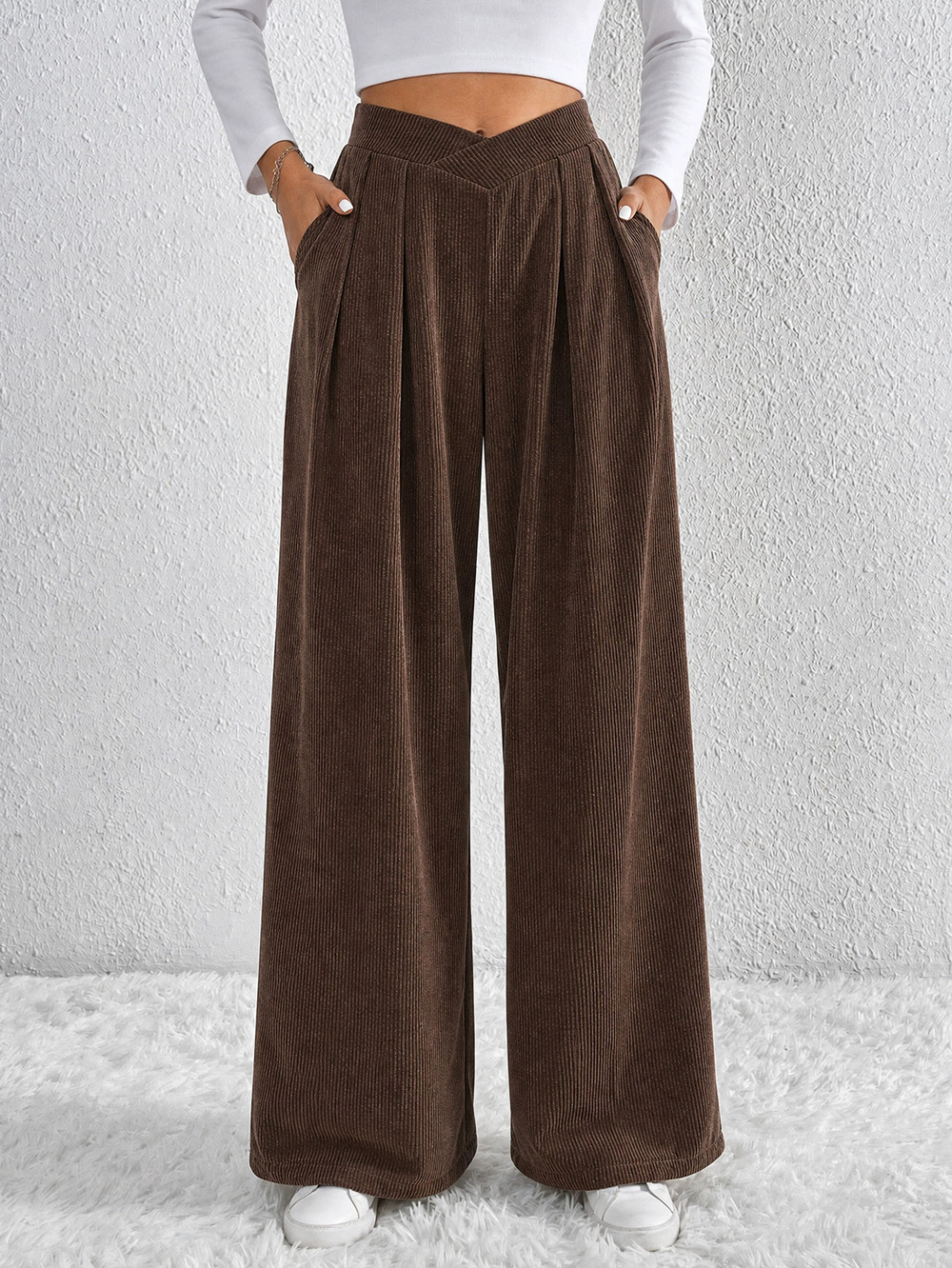 ZARA Fall Women Retro Coffee Wide Leg Pants Pleated Waist Casual Loose